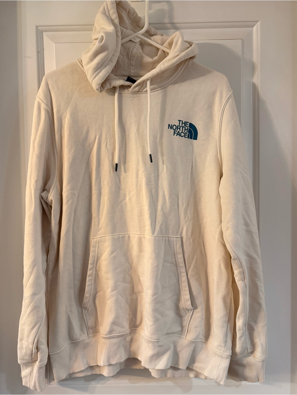 The North Face Men's Cream Pullover Hoodie with Teal Logo